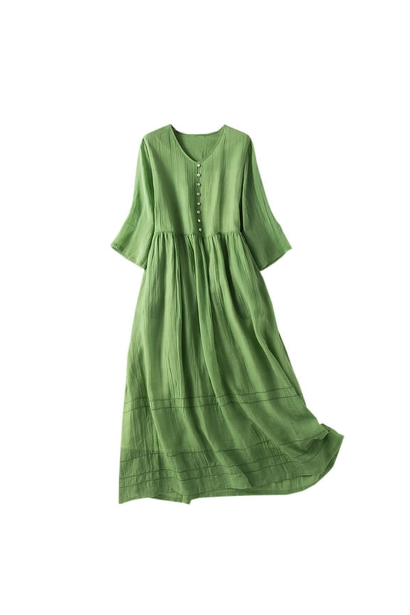 Women's Elegant Cotton Linen Dress Summer Casual Half Sleeve V Neck Loose Double Layers Flowy Long Dresses
