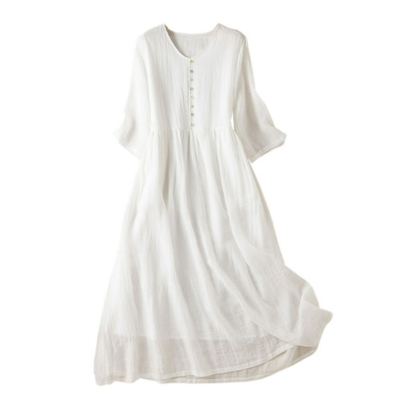 Women's Elegant Cotton Linen Dress Summer Casual Half Sleeve V Neck Loose Double Layers Flowy Long Dresses