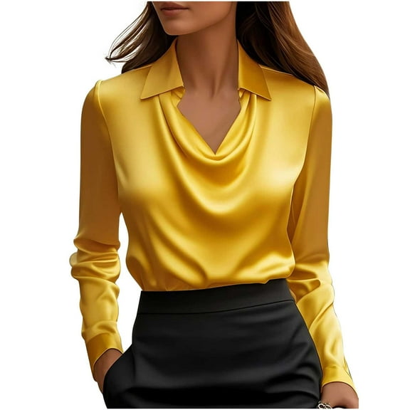 Women's Elegant Cowl Neck Satin Blouse Long Sleeve Office Work Shirt Silk Top Yellow M