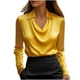 thumbnail image 1 of Women's Elegant Cowl Neck Satin Blouse Long Sleeve Office Work Shirt Silk Top Yellow S, 1 of 7