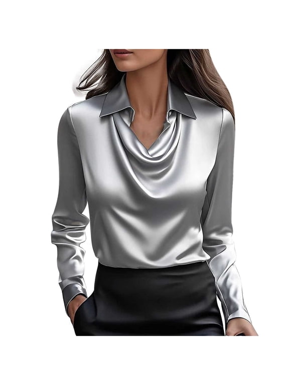 Women's Elegant Cowl Neck Satin Blouse Long Sleeve Office Work Shirt Silk Top