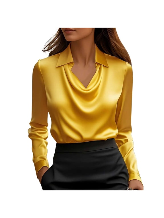 Women's Elegant Cowl Neck Satin Blouse Long Sleeve Office Work Shirt Silk Top