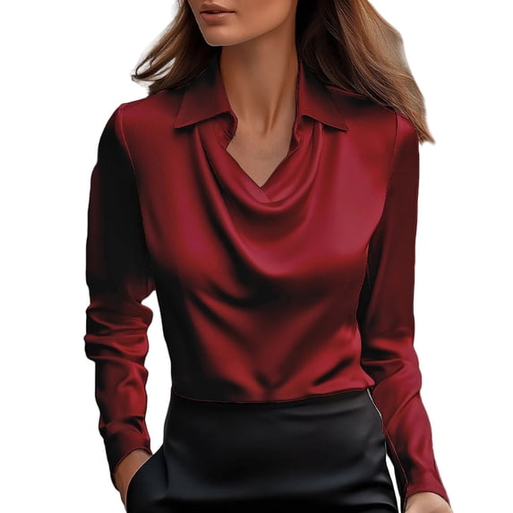Women's Elegant Cowl Neck Satin Blouse Long Sleeve Work Shirt Top Red Women Blending Shirts Women Shirts(XL)
