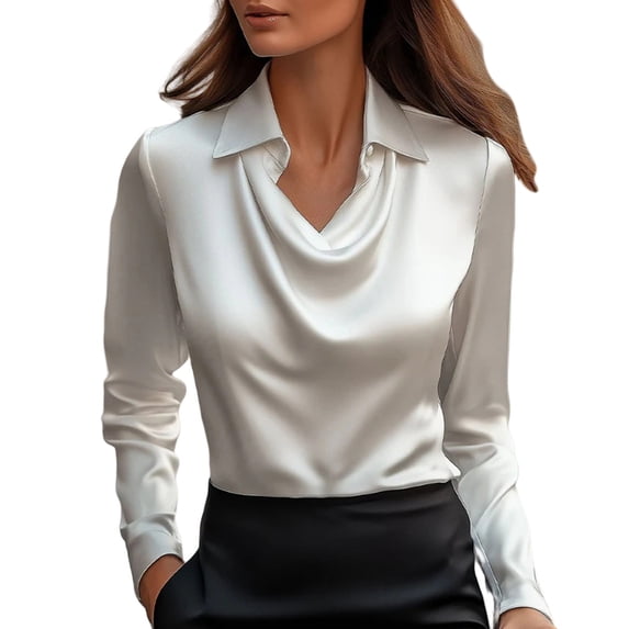 Women's Elegant Cowl Neck Satin Blouse Long Sleeve Work Shirt Top White Women Blending Shirts Women Shirts(S)