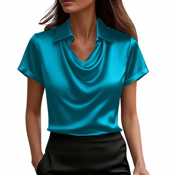 Women's Elegant Cowl Neck Satin Blouse Short Sleeve Office Work Shirt Silk Top
