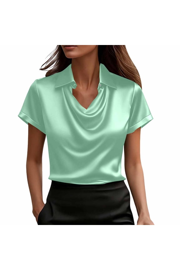 Women's Elegant Cowl Neck Satin Blouse Short Sleeve Office Work Shirt Silk Top