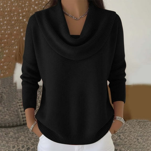 Women's Elegant Cowl Neck Sweater, Soft Knit Pullover with Draped Collar, Relaxed Fit Casual Top for Women, Comfortable Ribbed Cuff Sweater, Versatile Layering Piece for Daily Wear Black
