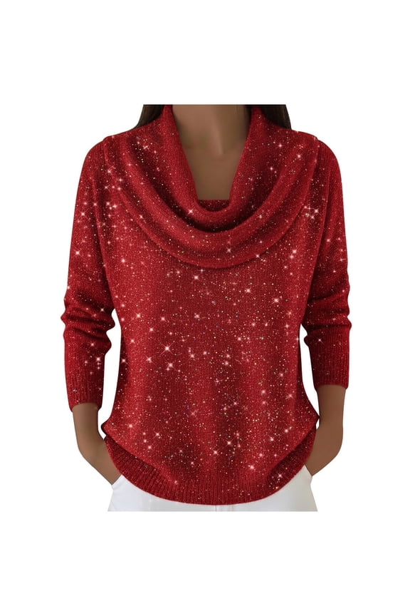 Women's Elegant Cowl Neck Sweater, Soft Knit Pullover with Draped Collar, Relaxed Fit Casual Top for Women, Comfortable Ribbed Cuff Sweater, Versatile Layering Piece for Daily Wear Sequin_Red L
