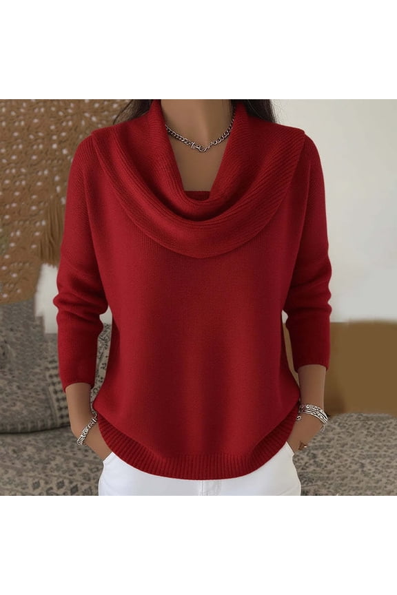 Women's Elegant Cowl Neck Sweater, Soft Knit Pullover with Draped Collar, Relaxed Fit Casual Top for Women, Comfortable Ribbed Cuff Sweater, Versatile Layering Piece for Daily Wear Red