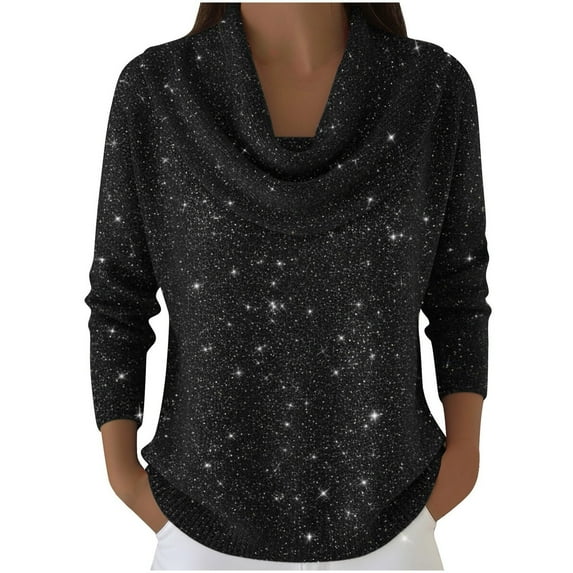 Women's Elegant Cowl Neck Sweater, Soft Knit Pullover with Draped Collar, Relaxed Fit Casual Top for Women, Comfortable Ribbed Cuff Sweater, Versatile Layering Piece for Daily Wear Sequin_Black L