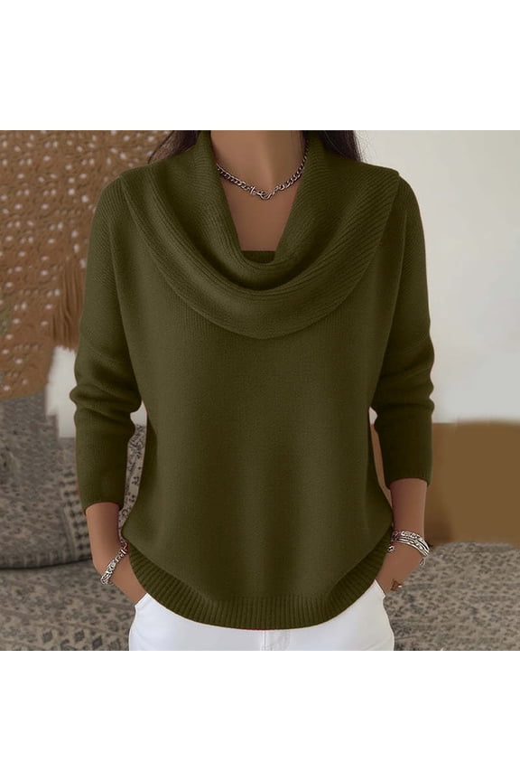 Women's Elegant Cowl Neck Sweater, Soft Knit Pullover with Draped Collar, Relaxed Fit Casual Top for Women, Comfortable Ribbed Cuff Sweater, Versatile Layering Piece for Daily Wear Blackish Green