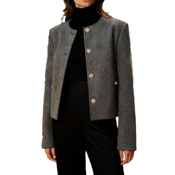 Women's Elegant Cropped Wool Pea Coat - Crew Neck Double-Breasted Winter Tweed Jacket, Soft Skin-Friendly Loose Outerwear for Work Office Formal Occasions