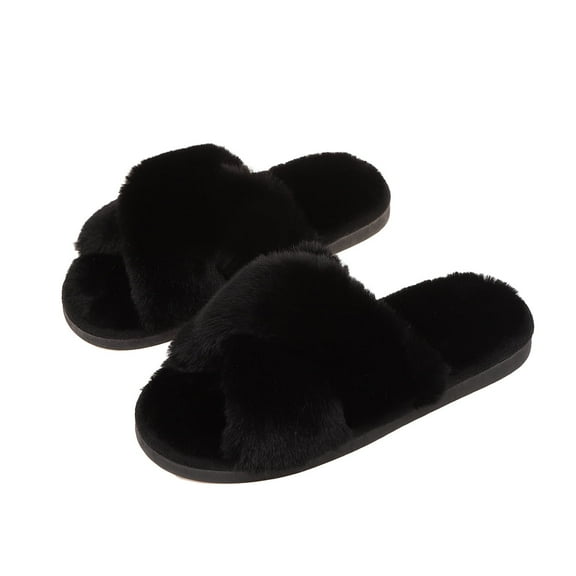 Women's Elegant Cross-Band Faux Fur Slippers with Sole & Anti-Slip TPR Outsole
