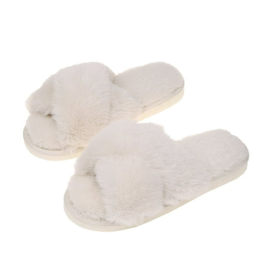 Women's Elegant Cross-Band Faux Fur Slippers with Sole & Anti-Slip TPR Outsole