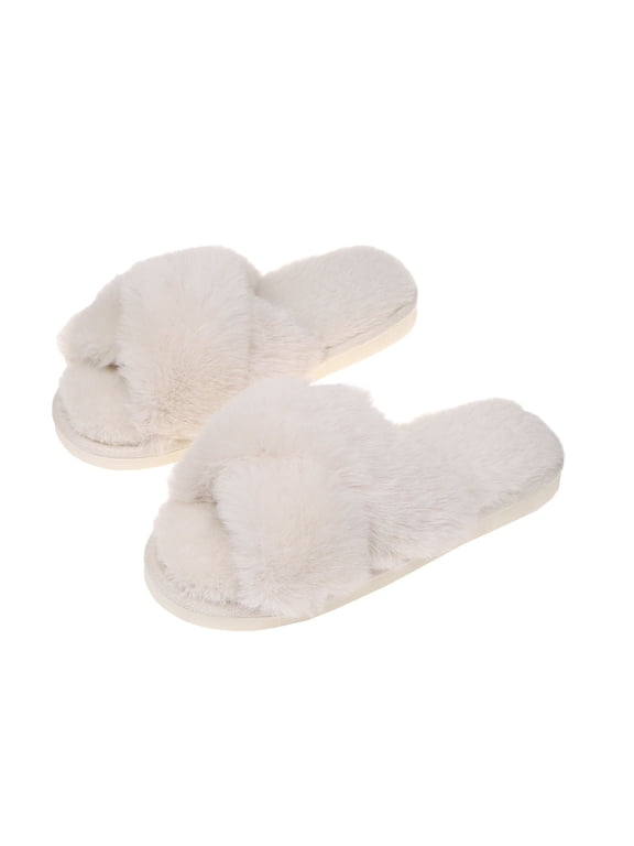 Women's Elegant Cross-Band Faux Fur Slippers with Sole & Anti-Slip TPR Outsole