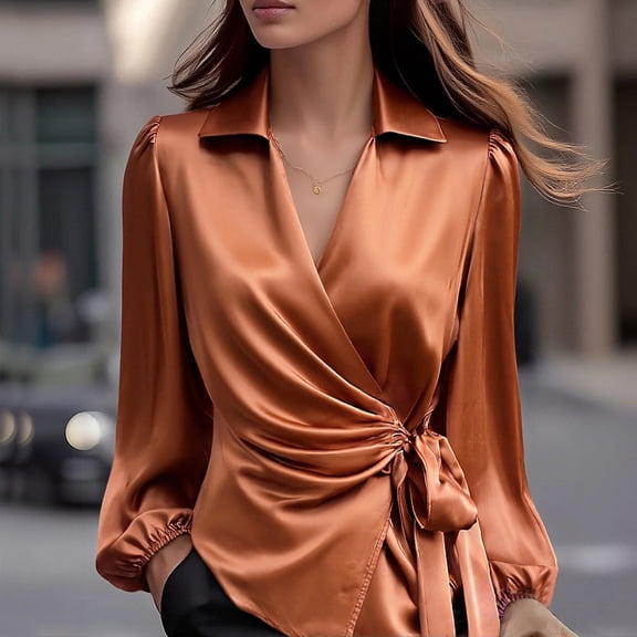Women's Elegant Cross Tie Design Blouse, Long Sleeve Satin Shirt, Adjustable Waist Top, Soft Draping Top, Casual Chic Office Wear, Versatile Daily Use Coffee M