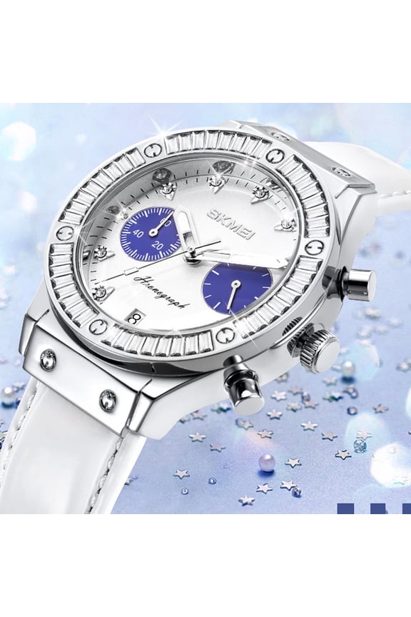 Women's Elegant Crystal Rhinestone Quartz Watch with Genuine Leather Strap, Date Window and Waterproof Design, Sparkling Dress Wristwatch for Party, Wedding, Office – Luxury Gift