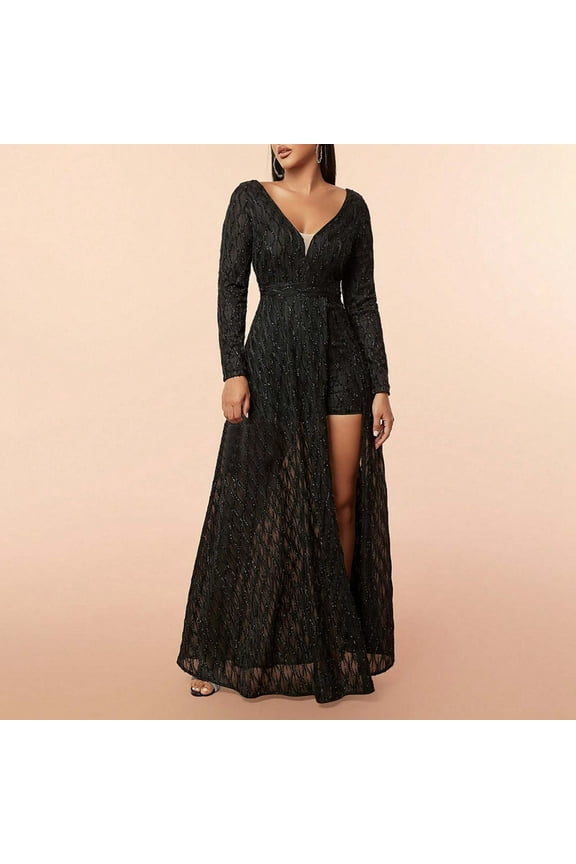 Women's Elegant Deep V Mesh Sequin Long Sleeve Long Gown Dress Long Dresses for Women Wedding Guest plus Size Formal Dress Dresses for Formal Women Guest Wedding Long Dress Satin Prom Dresses for
