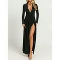 thumbnail image 1 of Women's Elegant Deep V Neck Long Sleeve Ruched Bodycon Split Party Maxi Dress, 1 of 4