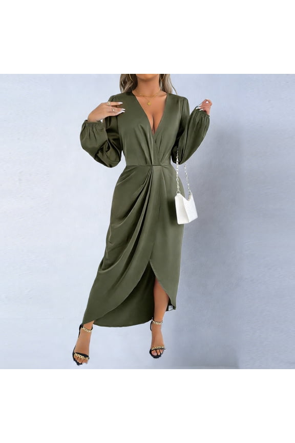 Women's Elegant Deep V Neck Maxi Dress Long Lantern Sleeve Wrap Front Ruched High Slit Satin Silk Feel Evening Gown Formal Wedding Guest Party Dress
