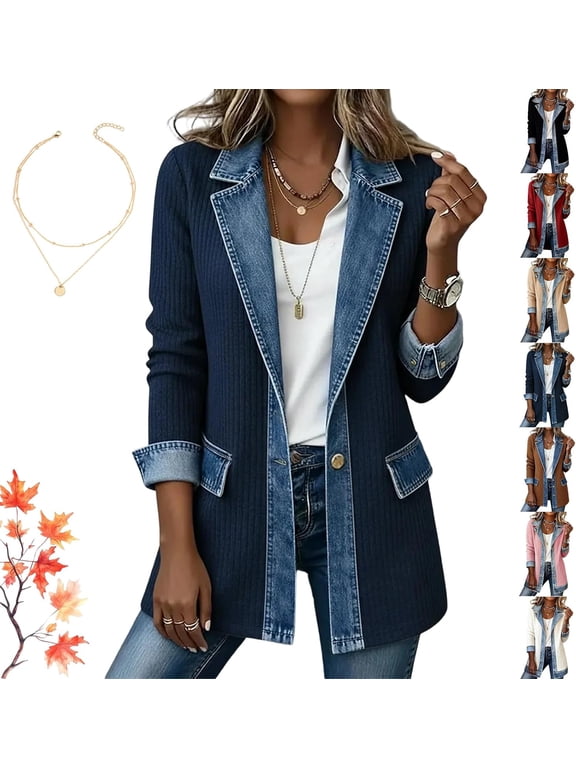 Women’s Elegant Denim Spliced Ribbed Knit Coat
Women's Denim Patchwork Knit Sweater Blazer with Pockets, Casual Button Down Long Sleeve Jacket Fall Cardigans