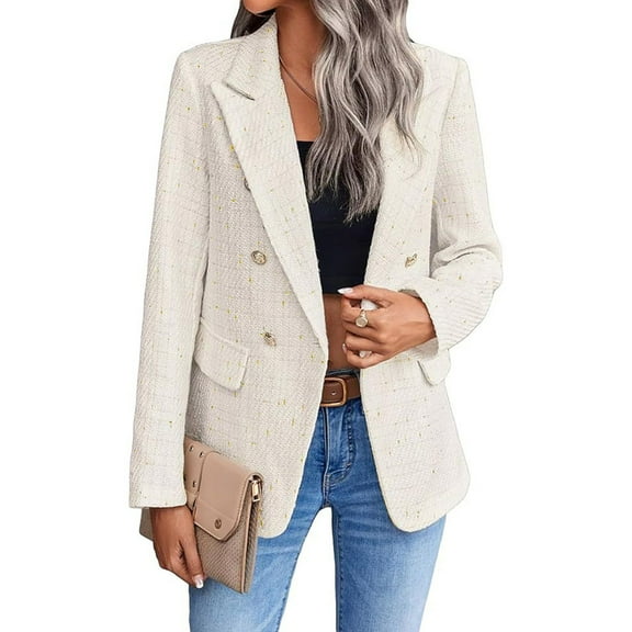 Women's Elegant Double-Breasted Blazer Jacket Casual Long Sleeve Tweed Coat with Pockets Beige