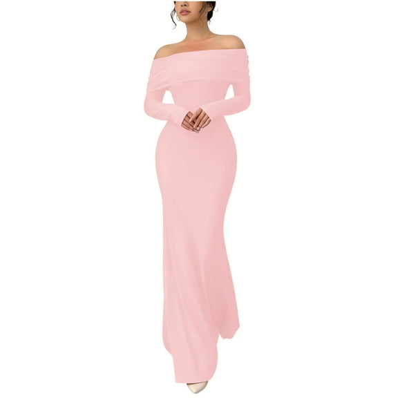 Women's Elegant Dress Long Sleeve Maxi Dress Off Shoulder Bodycon Dresses Formal Party Evening Dress Pink M