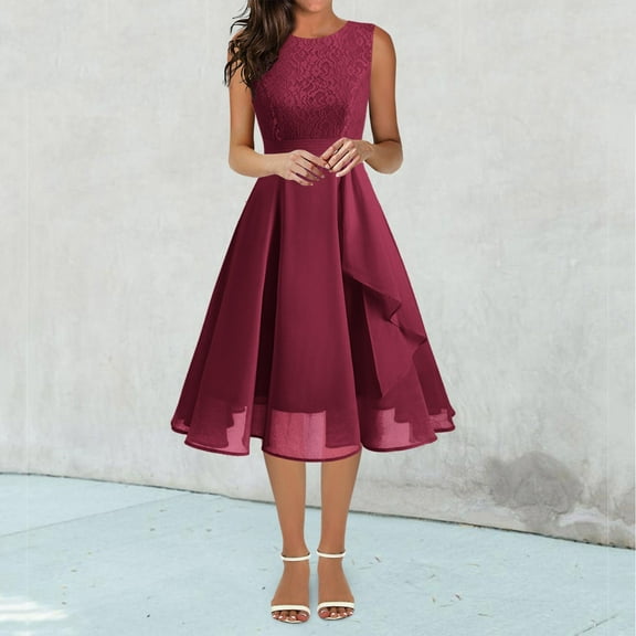 Women's Elegant Dress Ruffle Hem Sleeveless Lace Formal Gown for Wedding Guest Prom Bridesmaid Party Occasion