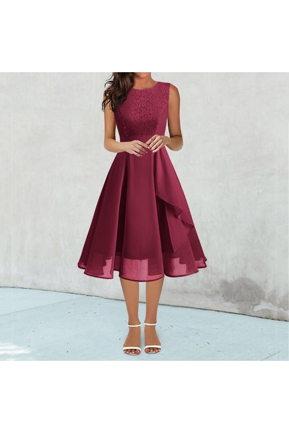 Women's Elegant Dress Ruffle Hem Sleeveless Lace Formal Gown for Wedding Guest Prom Bridesmaid Party Occasion