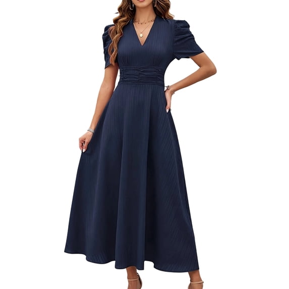 Women's Elegant Dresses Tunic V Neck Puff Short Sleeve Maxi Dress with Back Zipper Wedding Guest Office Date Night Dress Navy M
