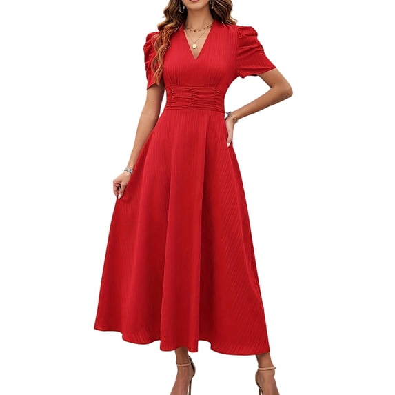 Women's Elegant Dresses Tunic V Neck Puff Short Sleeve Maxi Dress with Back Zipper Wedding Guest Office Date Night Dress Red M