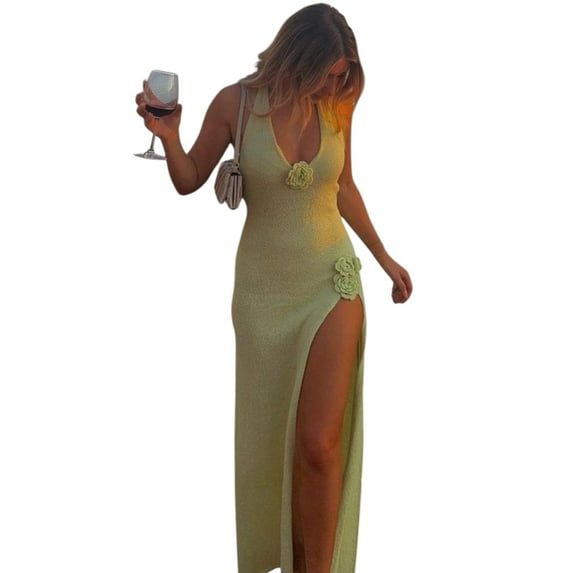 Women’s Elegant Evening Dress – 3D Floral Deep V Neck Backless Gown with High Slit