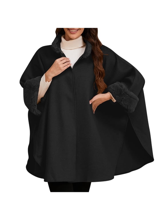Women's Elegant Faux Fur Trim Woolen Capelet Shawl Oversized Cloak Cape Warm Poncho Winter Soft Shawl Cover Up