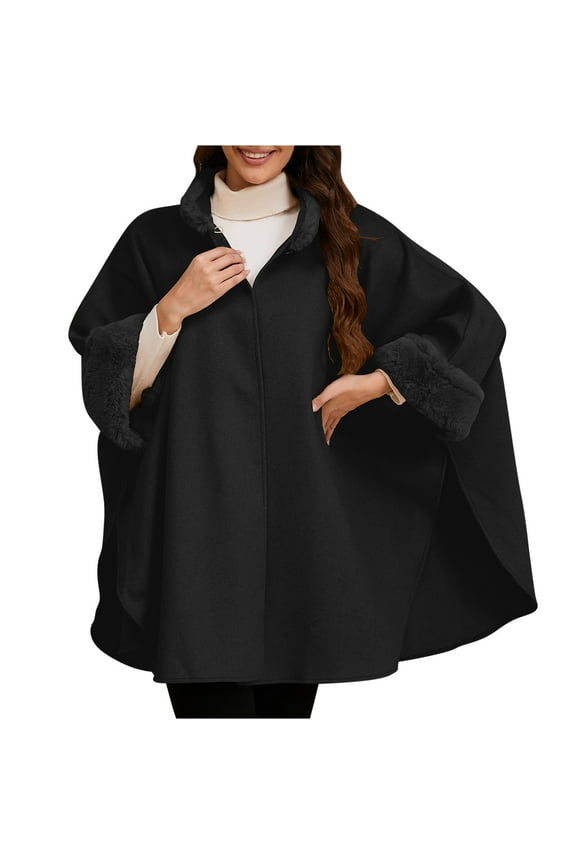 Women's Elegant Faux Fur Trim Woolen Capelet Shawl Oversized Cloak Cape Warm Poncho Winter Soft Shawl Cover Up