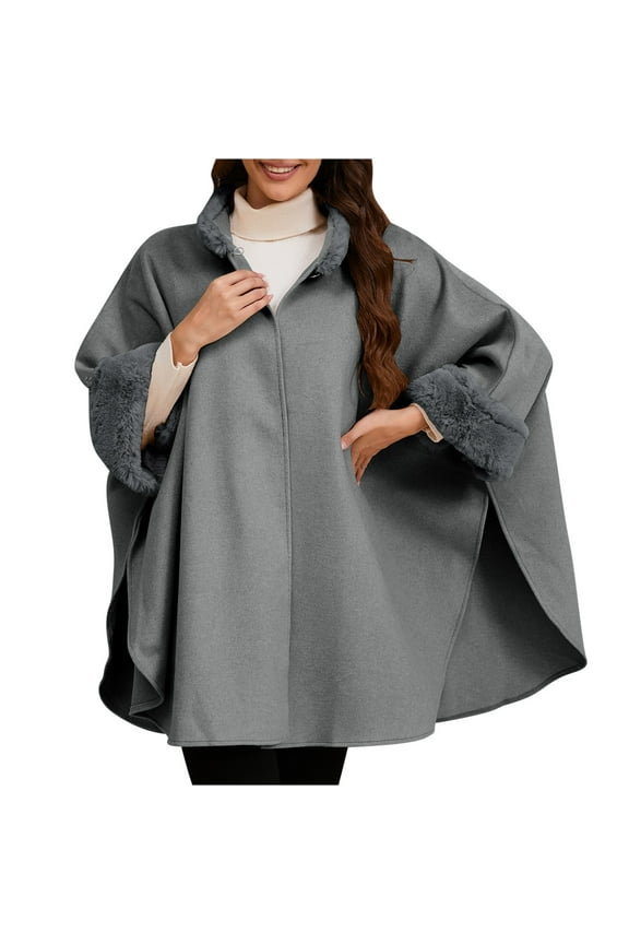 Women's Elegant Faux Fur Trim Woolen Capelet Shawl Oversized Cloak Cape Warm Poncho Winter Soft Shawl Cover Up