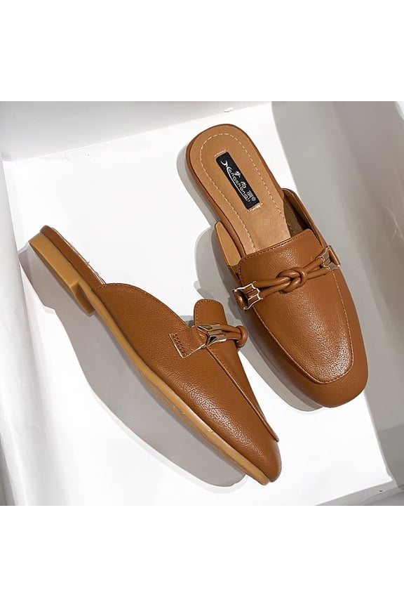 Women's Elegant Faux Leather Mules, Metal Buckle Knot Detail Slides, Chic Closed Toe Footwear for Office, Date, Shopping Brown 40