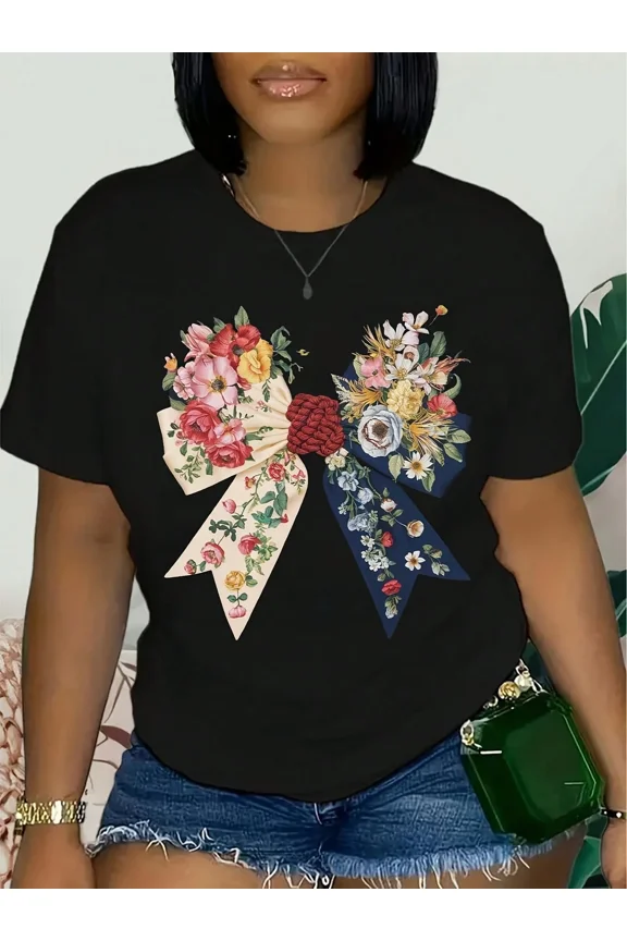 Women's Elegant Floral Bow Graphic T-Shirt Retro Botanical Ribbon Design Casual Summer Short Sleeve Tee Top