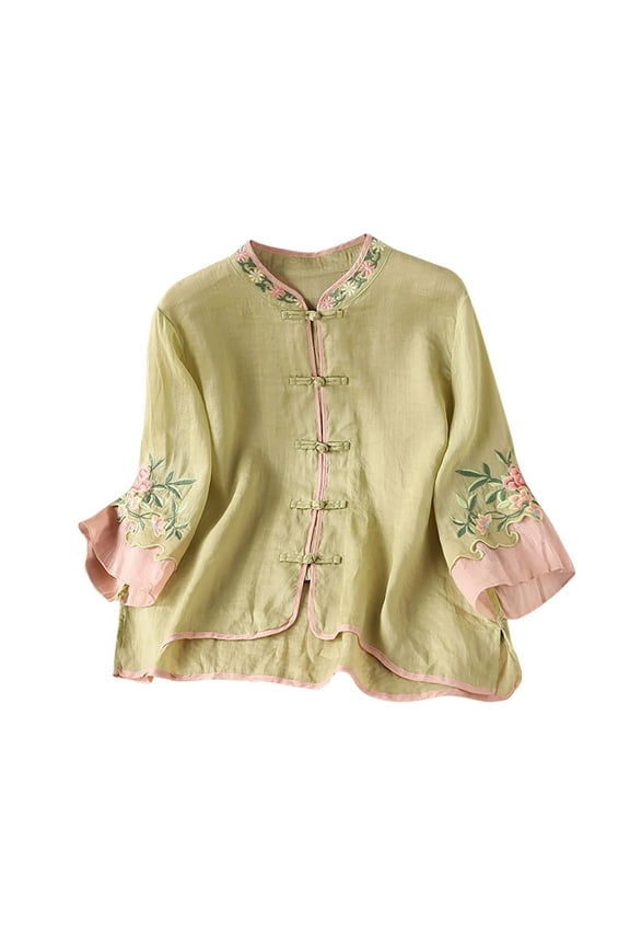 Women’s Elegant Floral Embroidered Blouse 3/4 Sleeve Chinese Frog Button Shirts Crewneck Retro Flowy Tops