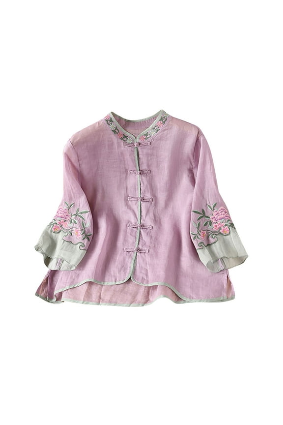 Women’s Elegant Floral Embroidered Blouse 3/4 Sleeve Chinese Frog Button Shirts Crewneck Retro Flowy Tops