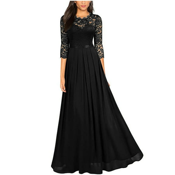 Women's Elegant Floral Lace 3/4 Sleeve Bridesmaid Formal Long Maxi Dress