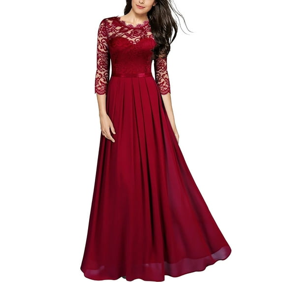 Women's Elegant Floral Lace 3/4 Sleeve Bridesmaid Formal Maxi Dress