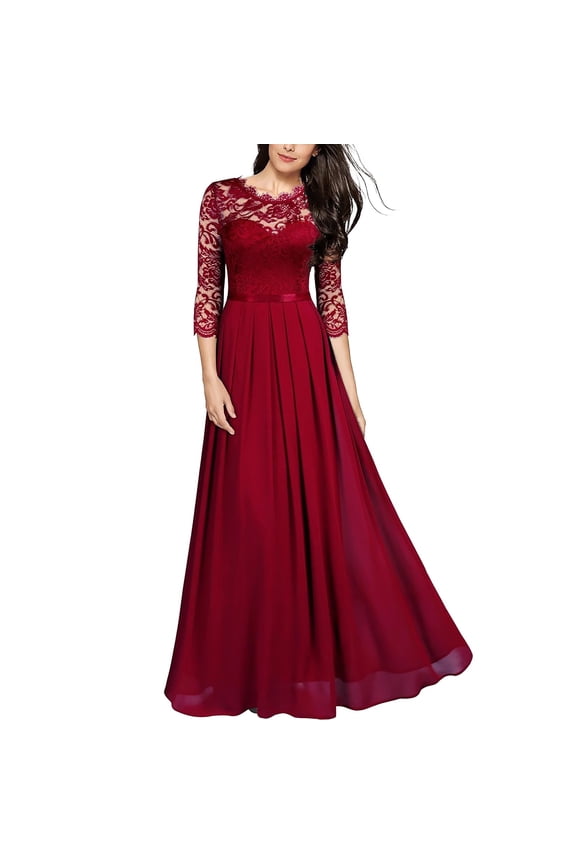 Women's Elegant Floral Lace 3/4 Sleeve Bridesmaid Formal Maxi Dress