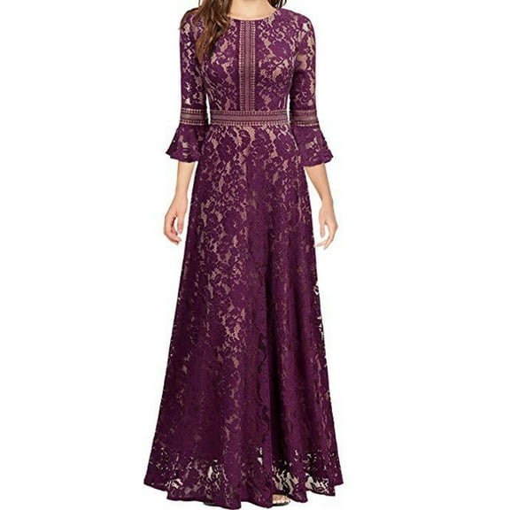 Women's Elegant Floral Lace 3/4 Sleeve Evening Dress Empire Waist Maxi Bridesmaid Dresses for Cocktail Party