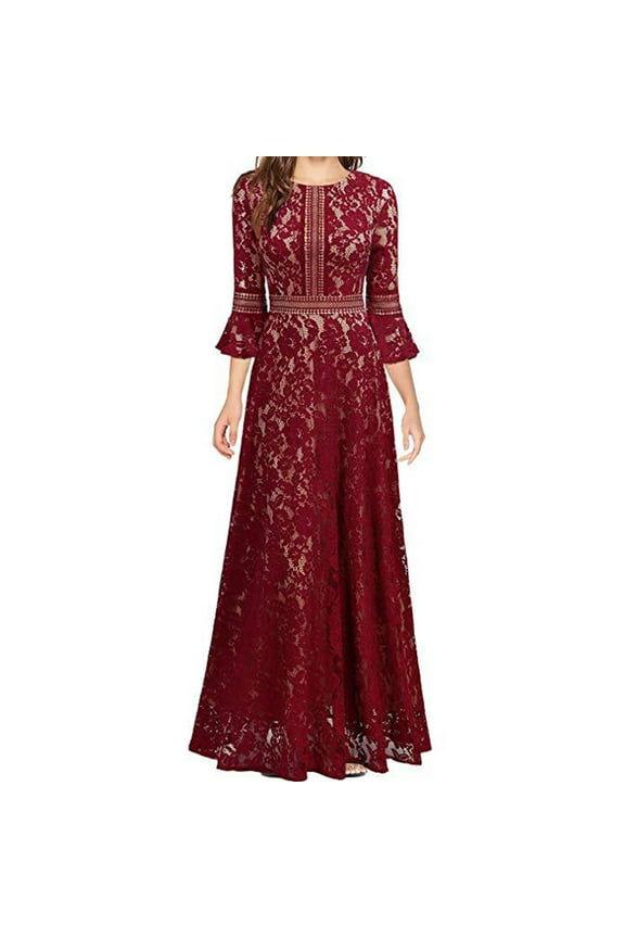 Women's Elegant Floral Lace 3/4 Sleeve Evening Dress Empire Waist Maxi Bridesmaid Dresses for Cocktail Party