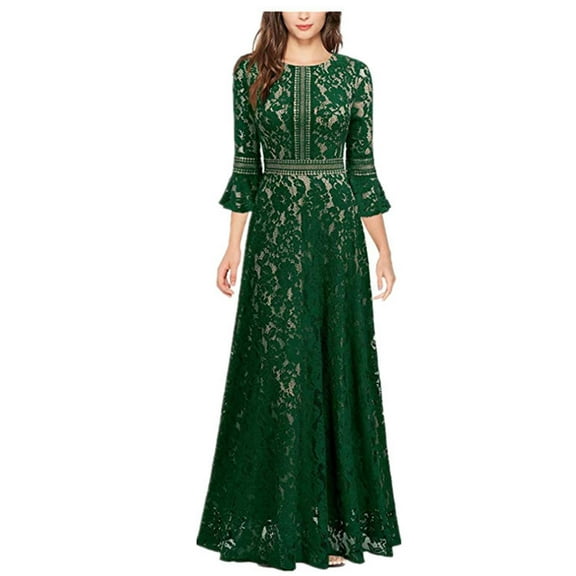 Women's Elegant Floral Lace 3/4 Sleeve Evening Dress Empire Waist Maxi Bridesmaid Dresses for Cocktail Party