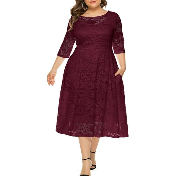 Women's Elegant Floral Lace Plus Size Midi Dress with Scoop Neck for Cocktail Party Guest Wedding Formal Occasions