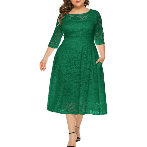 Women's Elegant Floral Lace Plus Size Midi Dress with Scoop Neck for Cocktail Party Guest Wedding Formal Occasions
