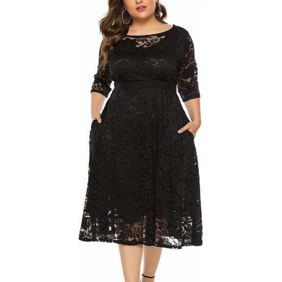Women's Elegant Floral Lace Plus Size Midi Dress with Scoop Neck for Cocktail Party Guest Wedding Formal Occasions
