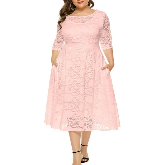 Women's Elegant Floral Lace Plus Size Midi Dress with Scoop Neck for Cocktail Party Guest Wedding Formal Occasions