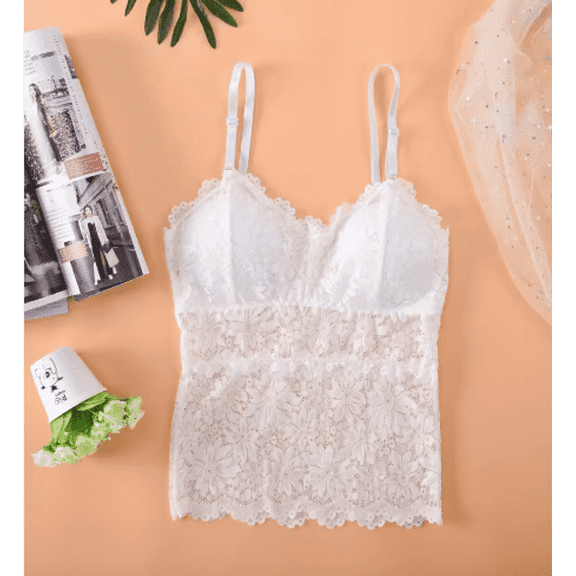 Women's Elegant Floral Lace Wireless Bralette – Padded, Comfortable, & Sexy Camisole Style , White